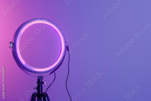 Ring light on a tripod illuminating a purple wall in a studio setting during evening hours