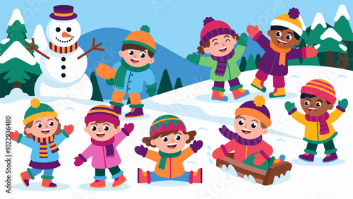 A group of children are playing in the snow, with one of them holding a snowman