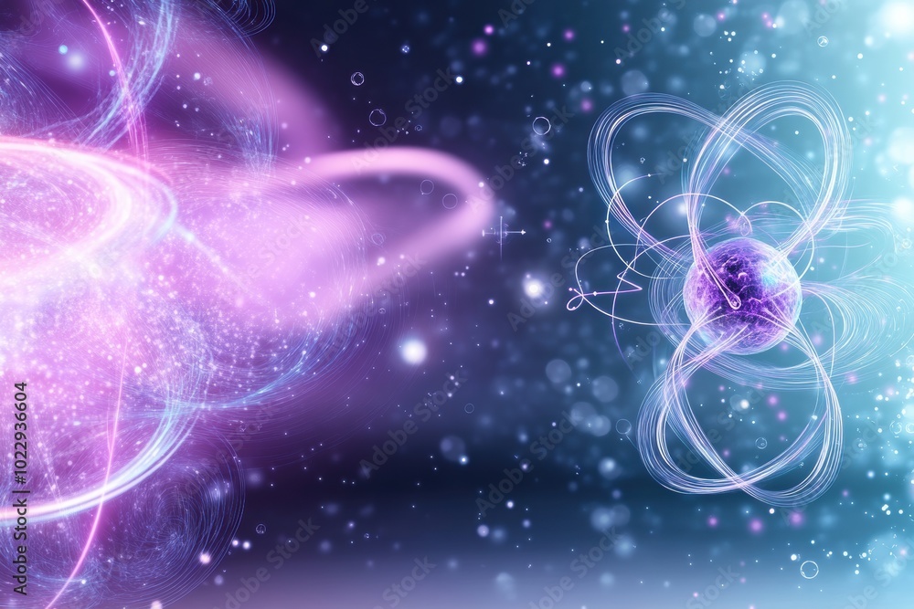 A vibrant abstract representation of atomic structures and energy waves in a futuristic cosmic scene. A vibrant abstract representation of atomic structures and energy waves in a futuristic cosmic scene.