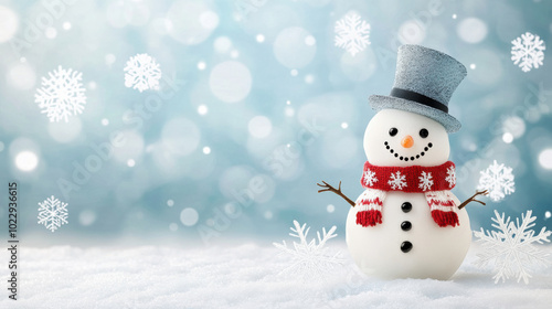 cheerful snowman with top hat and scarf stands in snowy landscape, surrounded by delicate snowflakes. festive atmosphere evokes joy and winter magic