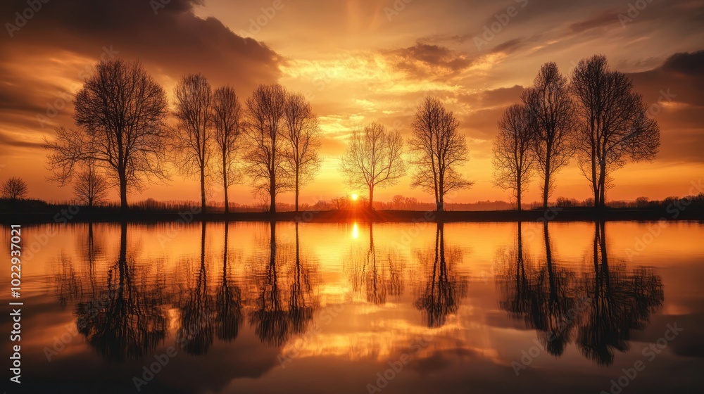Silhouetted Trees Reflecting in a Calm Lake at Sunset Silhouetted Trees Reflecting in a Calm Lake at Sunset