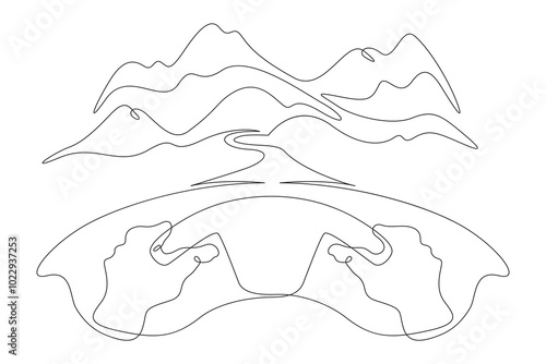 Continuous one line drawing driver's hands on the steering wheel of a car.The road goes into the distance in front of the car.Mountain landscape in background