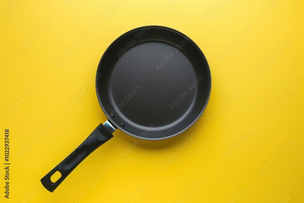 Black frying pan on a bright yellow background showcasing a kitchen essential for cooking Black frying pan on a bright yellow background showcasing a kitchen essential for cooking