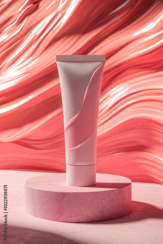 Cosmetic Cream Tube Mockup on Red Swirl Background Cosmetic Cream Tube Mockup on Red Swirl Background
