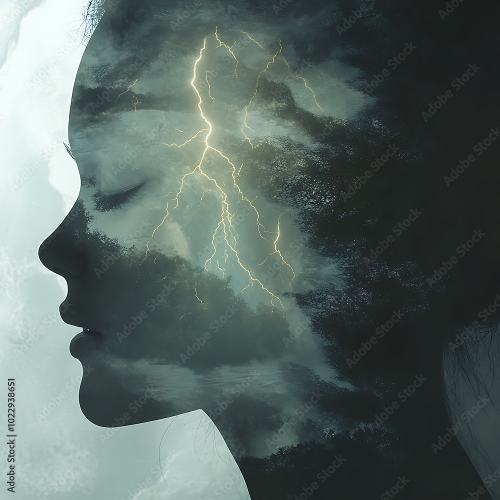 Woman's Face with Lightning Storm Inside - Conceptual Image. Woman's Face with Lightning Storm Inside - Conceptual Image.