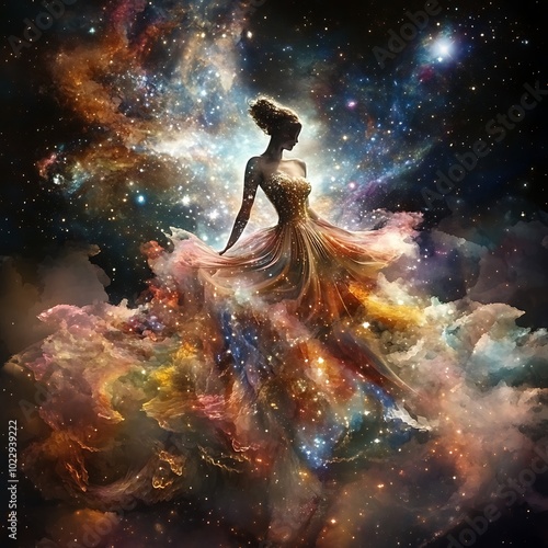 A Woman in a Gown of Stars, Surrounded by a Cosmic Nebula.