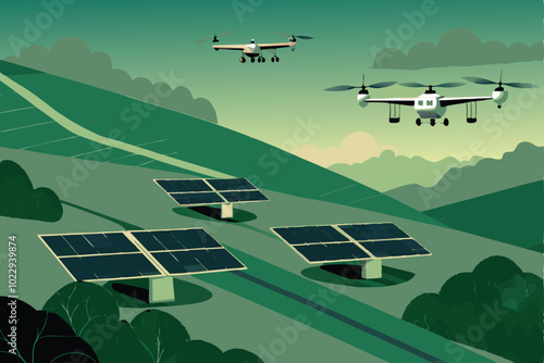 Create a vector illustration showing the future of energy with drones and solar panels.