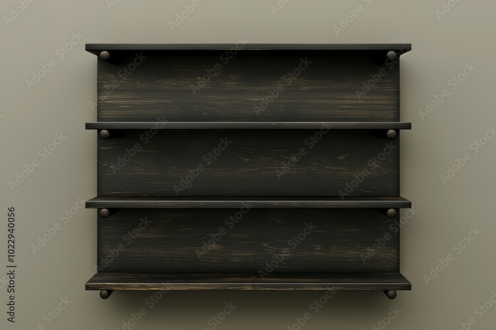 Simple black wooden shelf with four tiers mounted on a light colored wall Simple black wooden shelf with four tiers mounted on a light colored wall