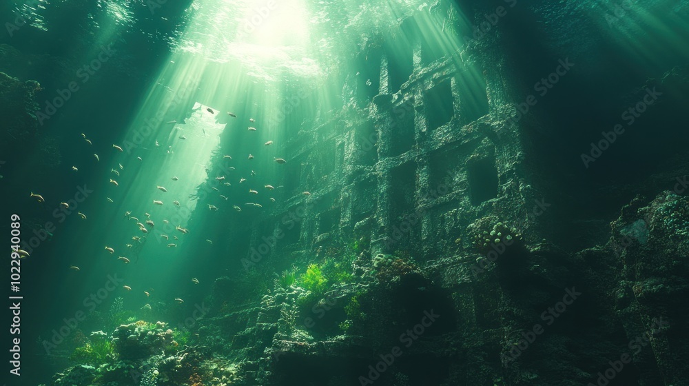 Fototapeta premium Sunbeams Illuminate Underwater Wreck
