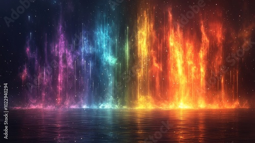 The night sky comes alive with colorful aurora borealis, casting a magical glow over tranquil water. Reflections dance and sparkle, creating a stunning scene that is peaceful and mesmerizing