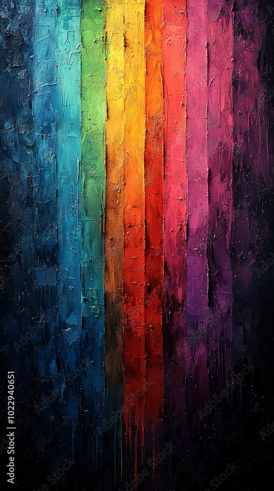 Abstract image showing thick brushstrokes of oil paint creating a rainbow of vertical stripes on a dark textured background Abstract image showing thick brushstrokes of oil paint creating a rainbow of vertical stripes on a dark textured background