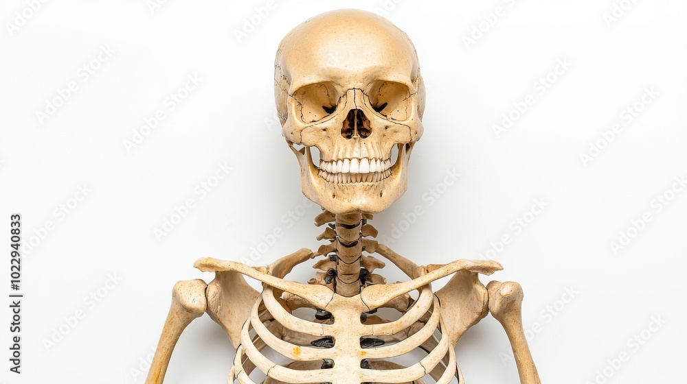 Isolated skeleton displayed on a clean white background with labeled bones for educational purposes Isolated skeleton displayed on a clean white background with labeled bones for educational purposes
