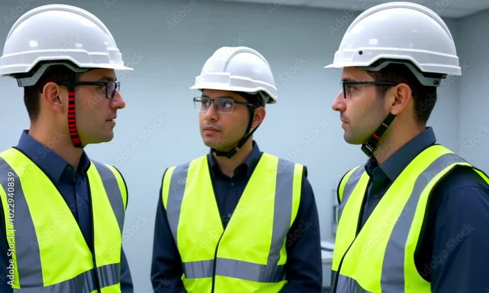 Three people wearing helmets and safety vests are discussing work in an office room Three people wearing helmets and safety vests are discussing work in an office room