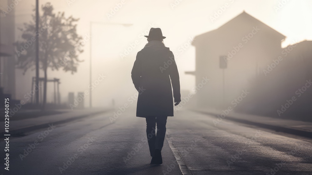 A solitary figure walks down a foggy street, creating a mysterious atmosphere as the landscape fades into the mist. A solitary figure walks down a foggy street, creating a mysterious atmosphere as the landscape fades into the mist.