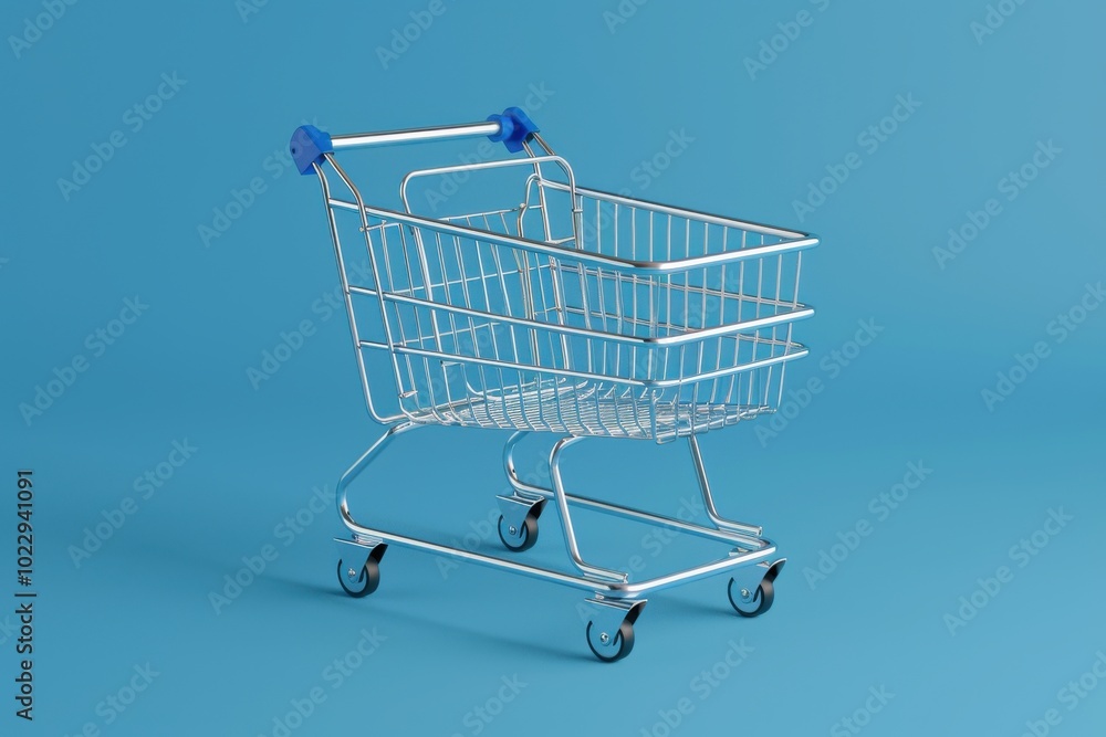 Shopping cart on a blue background showcasing retail shopping essentials Shopping cart on a blue background showcasing retail shopping essentials
