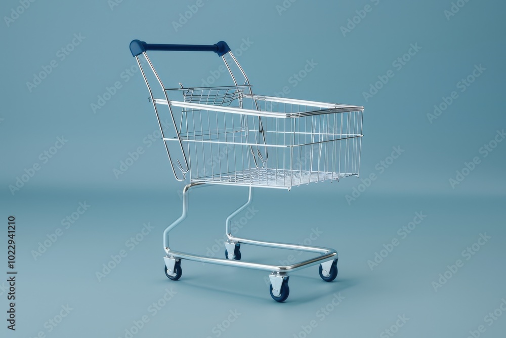 A small shopping cart on a blue background showcasing a minimalist design A small shopping cart on a blue background showcasing a minimalist design