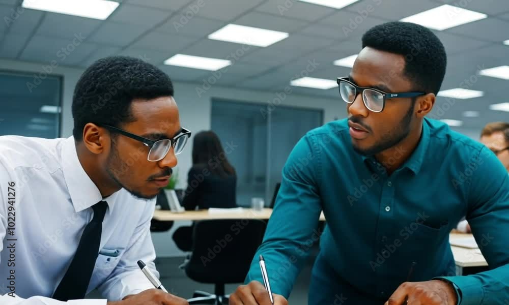 two black people are discussing work inside an office two black people are discussing work inside an office