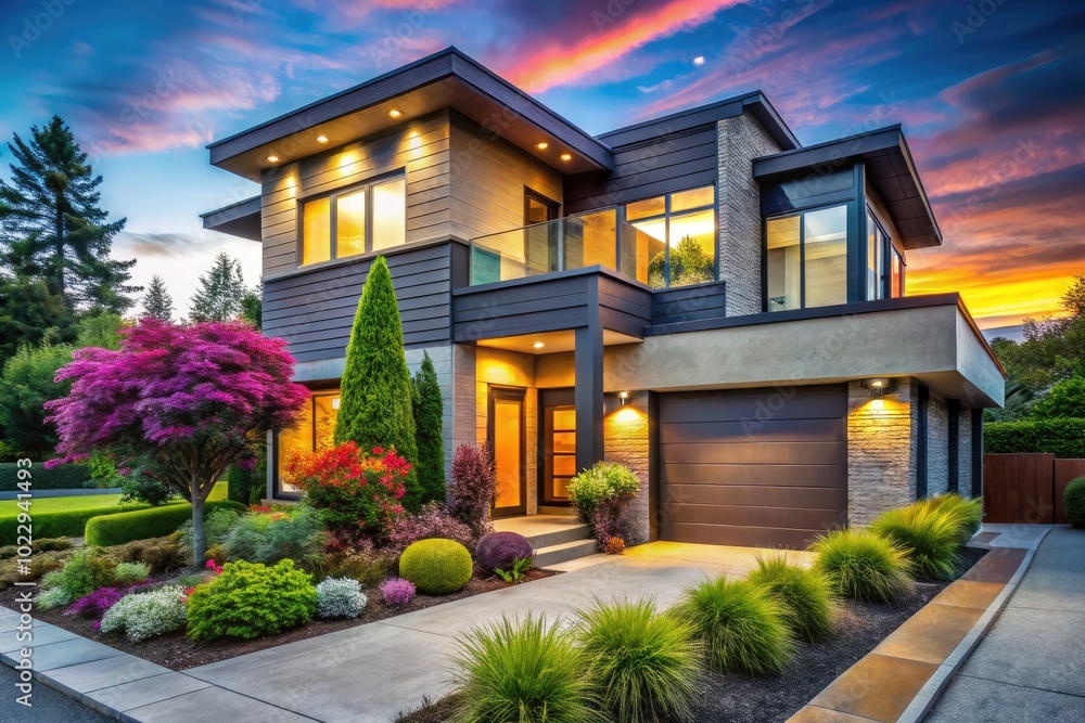 Modern Urban Home Exterior with Sleek Design and Vibrant Landscaping in a Bustling City Environment Modern Urban Home Exterior with Sleek Design and Vibrant Landscaping in a Bustling City Environment