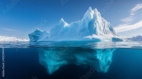Detailed View of Iceberg Showcasing Both Above-Water Jagged Peaks and Massive Underwater Structure in Clear Blue Water