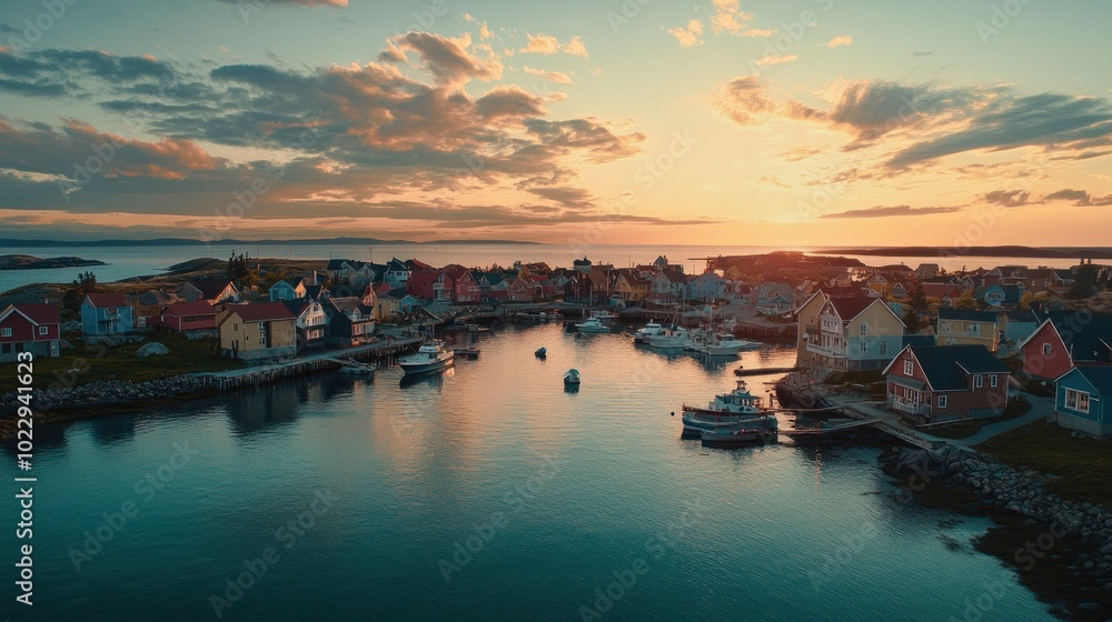 Fototapeta premium Picturesque Coastal Town at Sunset with Boats Docked in Harbor