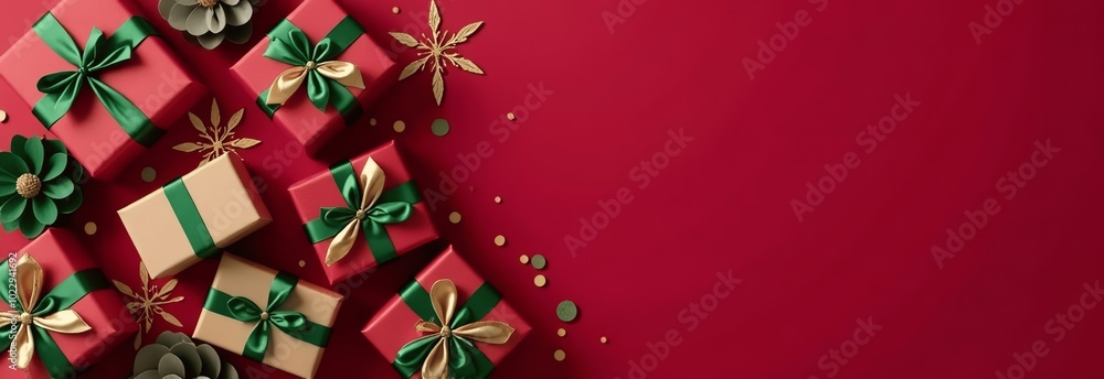 Banner red Christmas background with decorated gift boxes in red and green color and blurred background Banner red Christmas background with decorated gift boxes in red and green color and blurred background