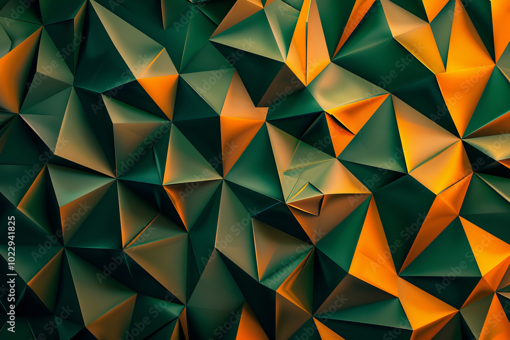 Fototapeta premium Backdrop with contemporary abstract design featuring layered orange and green triangles and geometric shapes. Modern geometry background. front view. Digital 3D render. wallpaper with texture.