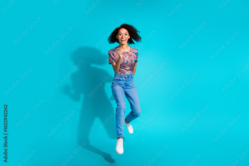 Φωτογραφία Full size photo of pretty young girl running have fun wear trendy colorful cloth