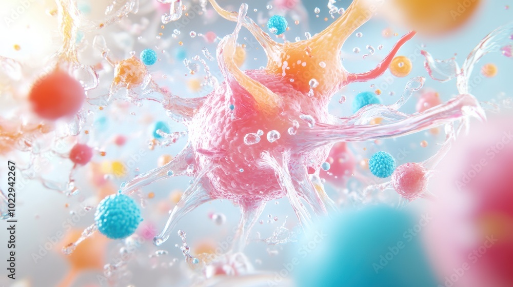 Vibrant depiction of microscopic cells in a fluid environment, showcasing colorful interactions and dynamic growth at a cellular level. Vibrant depiction of microscopic cells in a fluid environment, showcasing colorful interactions and dynamic growth at a cellular level.