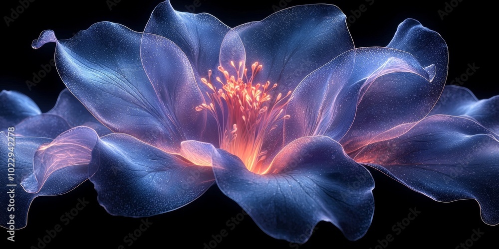 Obraz premium Blue flower blooming in the dark, with light coming from its petals and pistil, creating a magical atmosphere. The image transmits beauty, delicacy, and elegance