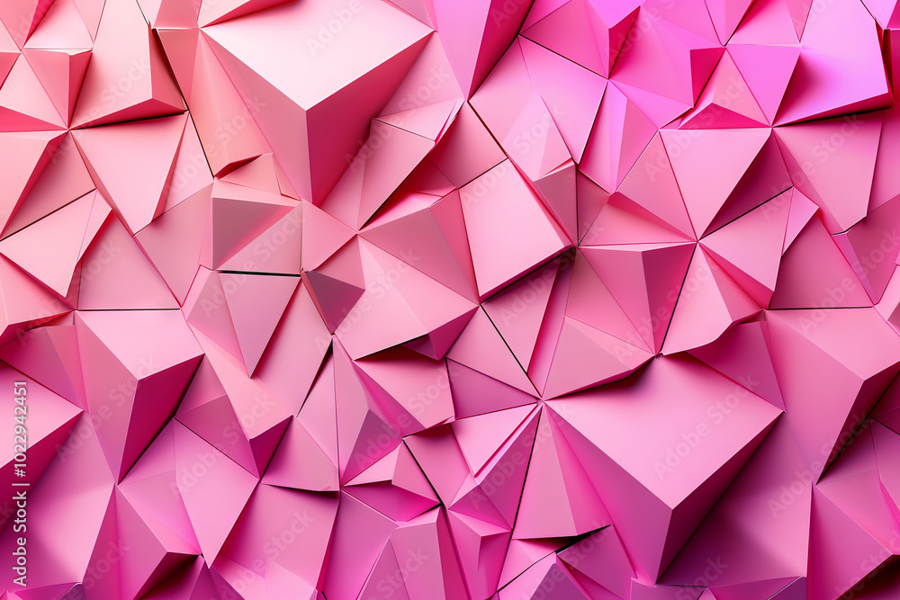 Fototapeta premium Backdrop with contemporary abstract design featuring layered pink triangles and geometric shapes. Modern geometry background. front view. Digital 3D render. wallpaper with texture.