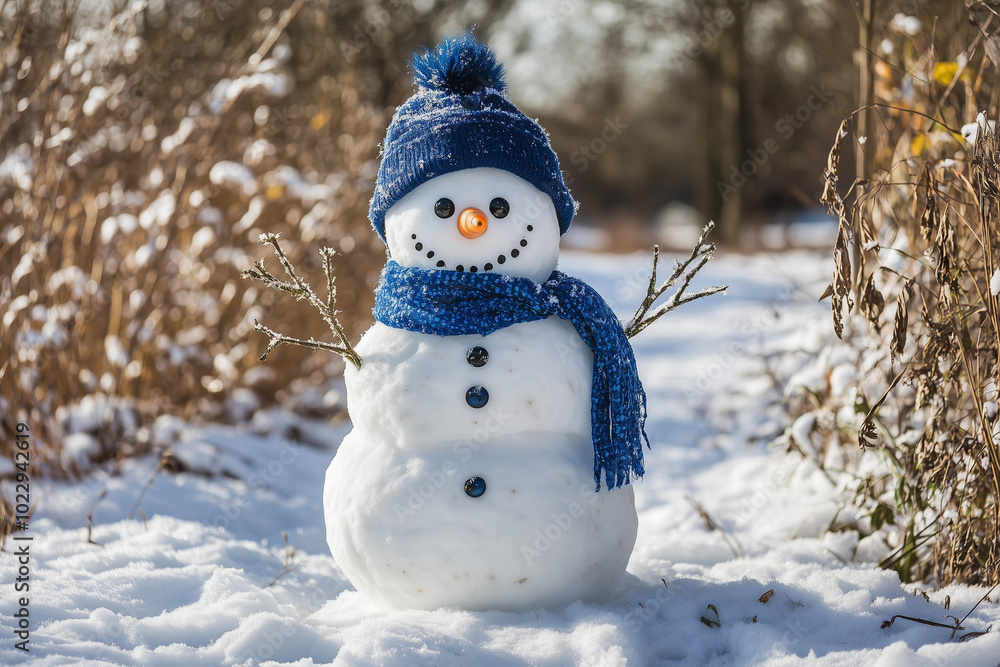 Obraz premium Cute snowman in blue scarf and hat, standing in white snow field