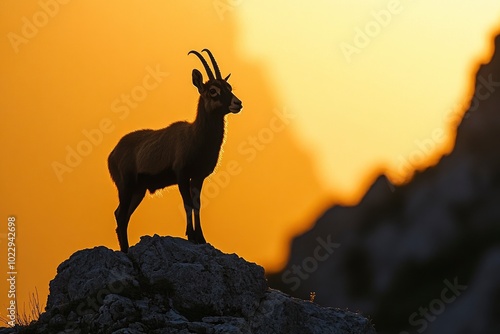 Silhouette of Apennine chamois at sunrise in the Murelle amphitheater, Majella national park, Abruzzo, Italy, Europe - generative ai photo