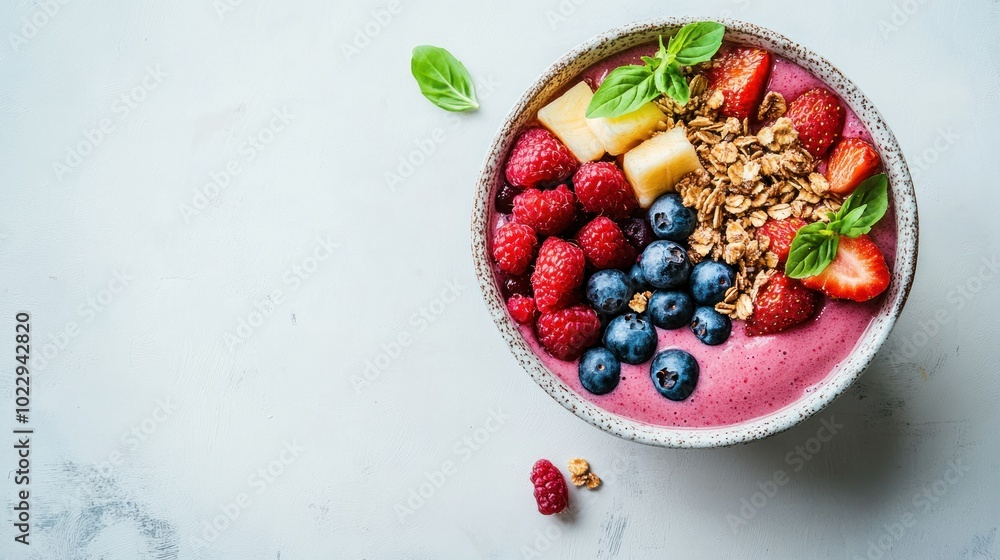 Bowl of Pink Smoothie Topped with Berries, Pineapple, and Granola Bowl of Pink Smoothie Topped with Berries, Pineapple, and Granola