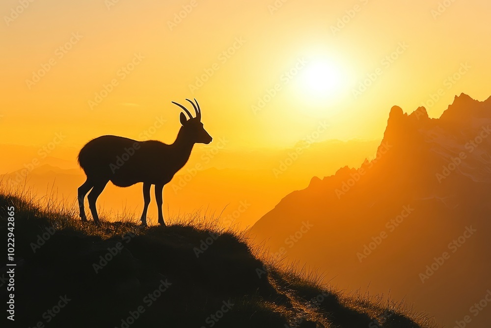 Silhouette of Apennine chamois at sunrise in the Murelle amphitheater, Majella national park, Abruzzo, Italy, Europe - generative ai Silhouette of Apennine chamois at sunrise in the Murelle amphitheater, Majella national park, Abruzzo, Italy, Europe - generative ai