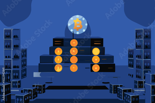 Design a vector illustration of a Bitcoin mining rig with a stack of mining equipment.