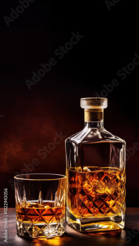 Photo of a whiskey glass and whiskey bottle.