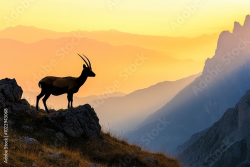 Silhouette of Apennine chamois at sunrise in the Murelle amphitheater, Majella national park, Abruzzo, Italy, Europe - generative ai photo