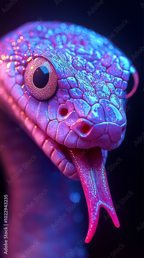 Obraz premium Close-up of a purple snake sticking out its tongue, illuminated by vibrant neon lighting, creating a captivating and otherworldly atmosphere