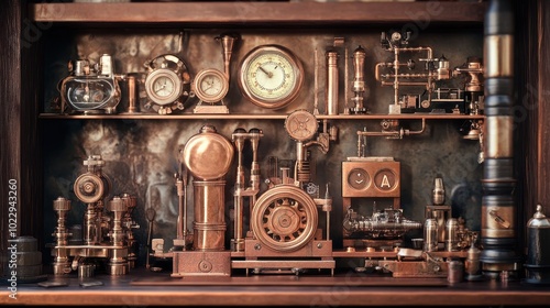 Antique Steampunk-Inspired Mechanical Assemblage on Wooden Shelf