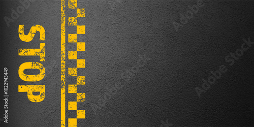 Asphalt road with stop lane marking, concrete highway surface, texture. Street traffic line, road dividing strip. Pattern with grainy structure, grunge stone background. Vector illustration