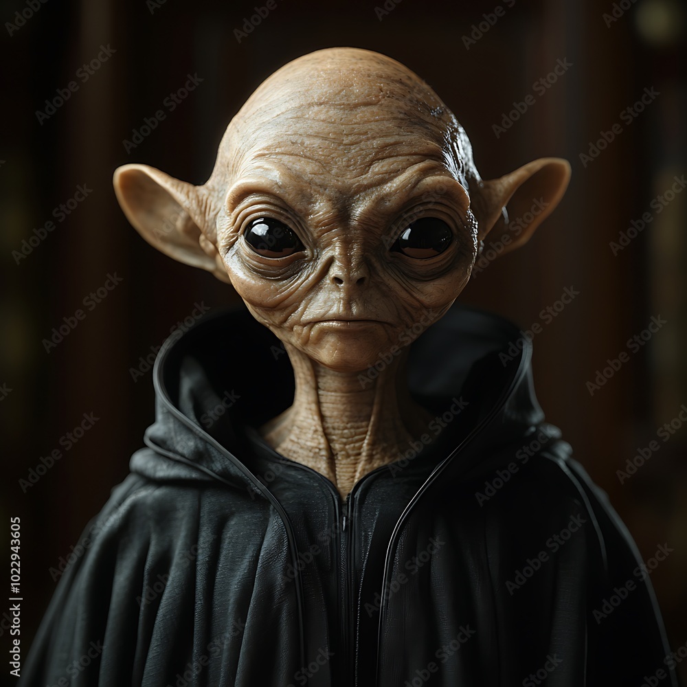 Close-up portrait of an alien in a black hooded cloak, looking directly at the camera with a serious expression. Close-up portrait of an alien in a black hooded cloak, looking directly at the camera with a serious expression.