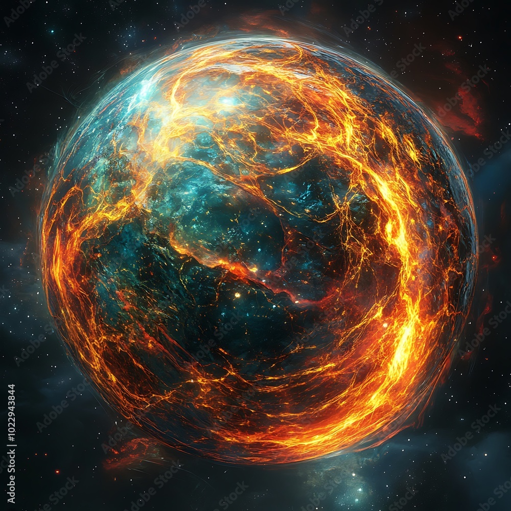 Fiery Planet in Deep Space, an Artistic Depiction of a Celestial Body with Blazing Lava Flows. Fiery Planet in Deep Space, an Artistic Depiction of a Celestial Body with Blazing Lava Flows.