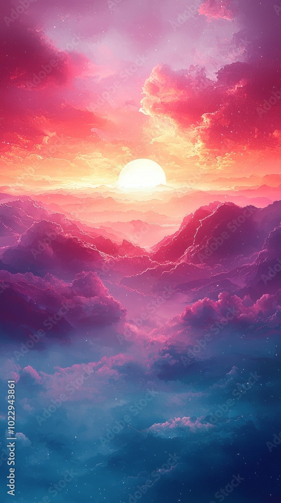 Majestic mountains peek through a sea of pink and blue clouds as the sun shines brightly above. This colorful image inspires feelings of peace and tranquility Majestic mountains peek through a sea of pink and blue clouds as the sun shines brightly above. This colorful image inspires feelings of peace and tranquility