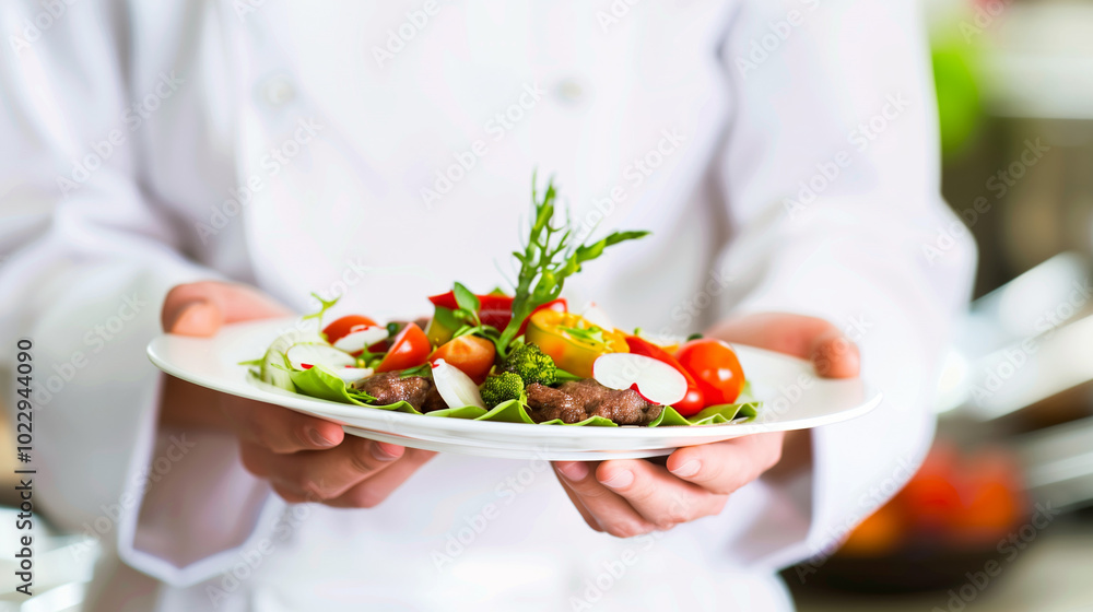 Chef holding a plate of beautifully arranged gourmet food, with a satisfied smile, symbolizing high food expectations and culinary excellence Chef holding a plate of beautifully arranged gourmet food, with a satisfied smile, symbolizing high food expectations and culinary excellence