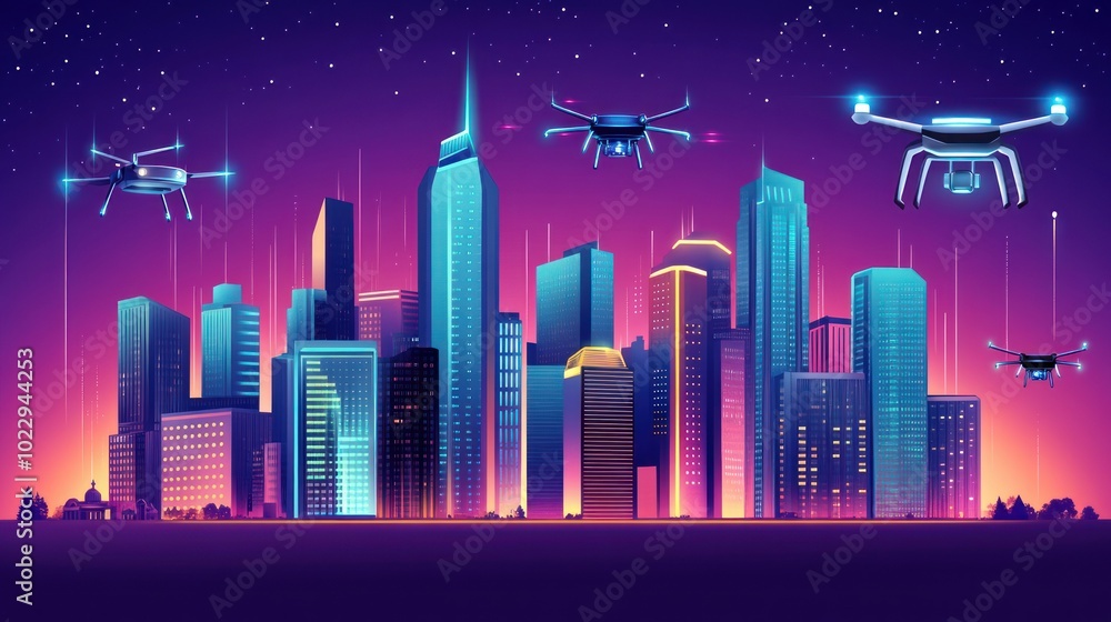 A futuristic city skyline with drones flying above, showcasing technology and urban life. A futuristic city skyline with drones flying above, showcasing technology and urban life.