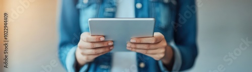 Close-up photography of a student using a tablet for self-paced learning, isolated background, clean design. photo