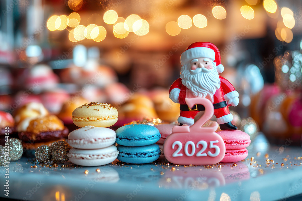 Obraz premium 2025 new year celebration background with colorful macarons and Santa Claus figure in shape on table, blurred bakery shop interior in background. New Year concept