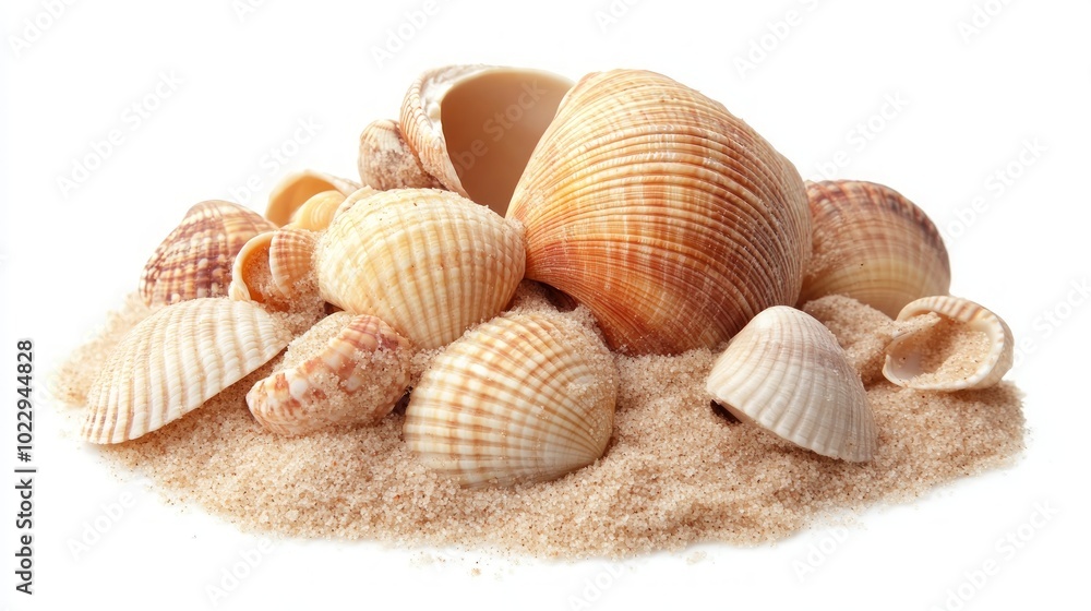 A pile of seashells on white sand isolated on white background. A pile of seashells on white sand isolated on white background.