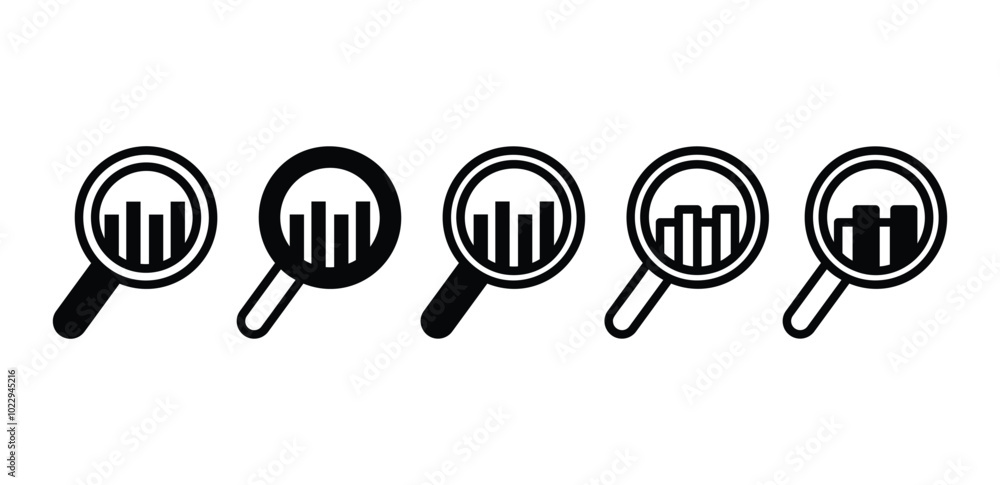 set of magnifying glass data analysis icon symbol sign vector design black white color illustration isolated set of magnifying glass data analysis icon symbol sign vector design black white color illustration isolated