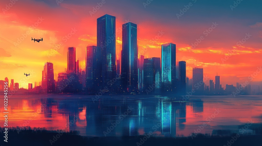 A futuristic cityscape at sunset with reflective water and drones flying above. A futuristic cityscape at sunset with reflective water and drones flying above.